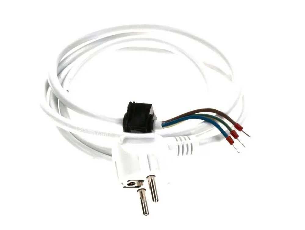 Weißes Netzkabel mit einem Stecker von Bosch und drei abisolierten Adern in verschiedenen Farben.
